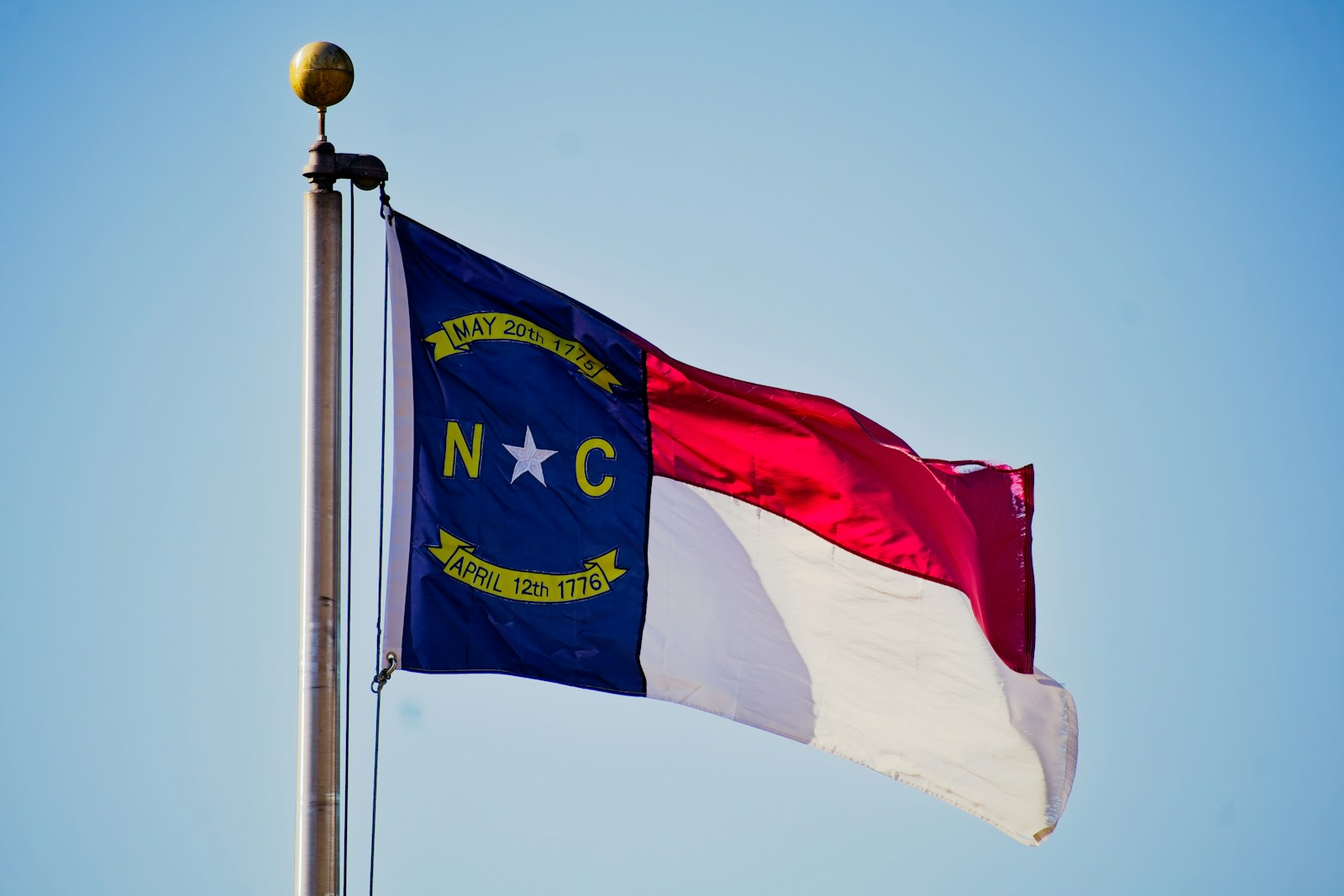 The North Carolina State flag against a clear blue sky.